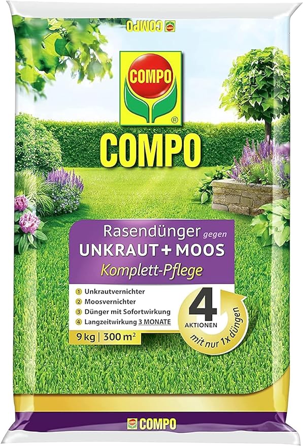 COMPO lawn fertilizer against moss and weeds - 3 months long-term effect - 9 kg / 300m²