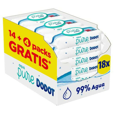 Dodot Toallitas Aqua Pure para Bebé, 99% Agua, 864 Toallitas, 18 Paquetes (14+4 Gratis).